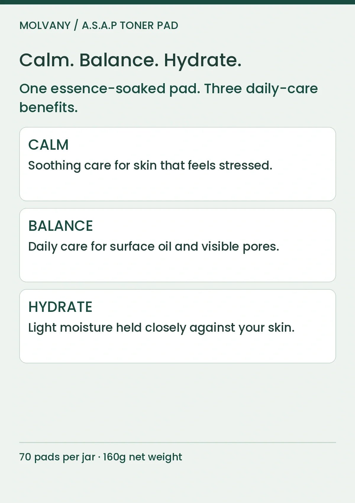 MOLVANY Artichoke Toner Pad: Calm. Balance. Hydrate. One essence-soaked pad. Three daily-care benefits.